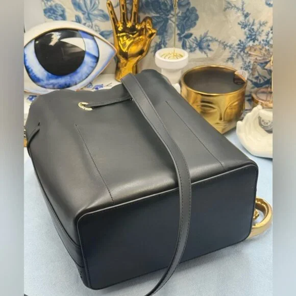 🆕 FURLA 🧿 NWOT Constanza Laser Cut Drawstring Bucket Bag, Black Leather - Picture 12 of 14